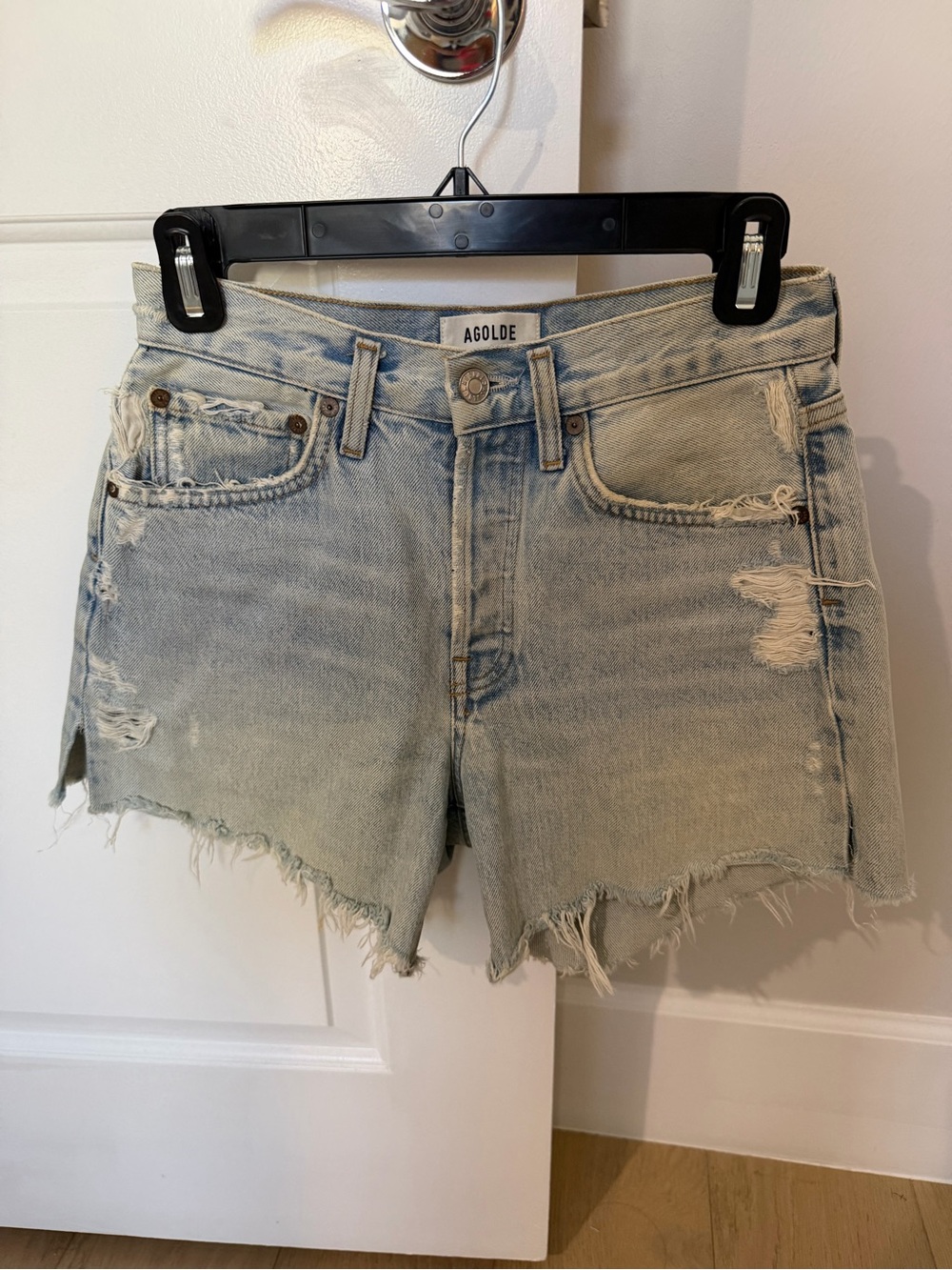 AGOLDE Parker Long Light Blue Distressed Denim Shorts